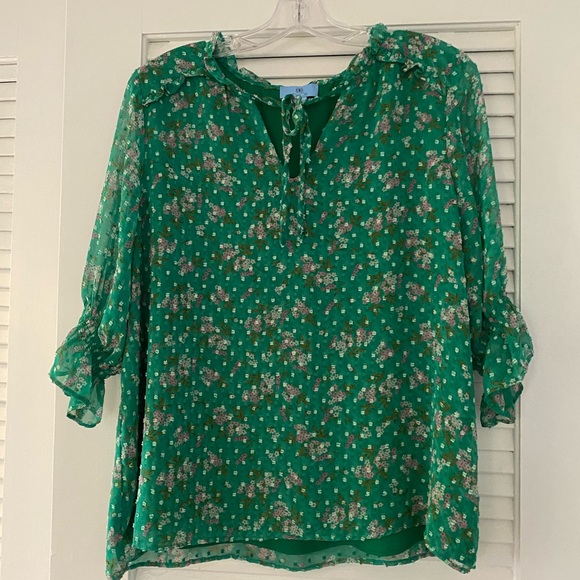 CeCe Women's Split Neck Printed Clip Dot Blouse XL Green - Picture 5 of 6